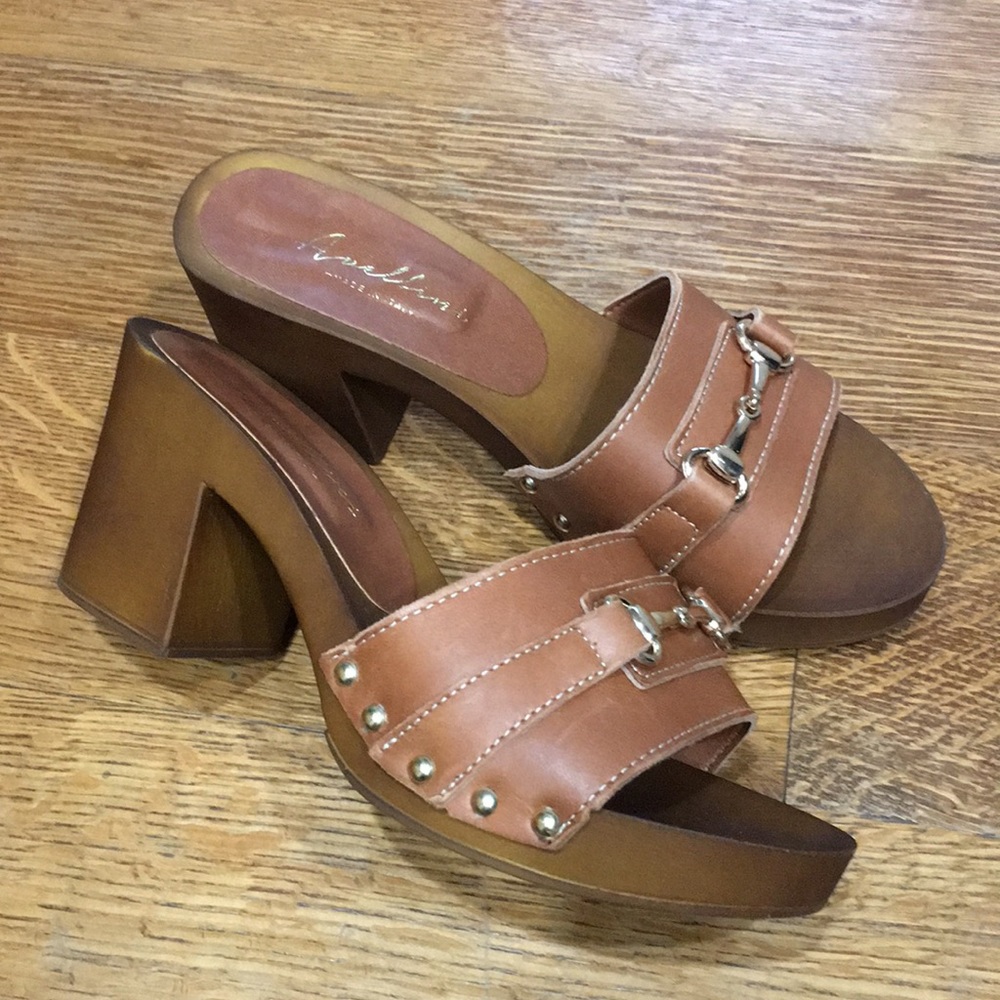 Cordani Tan Leather Studded Mule Heels